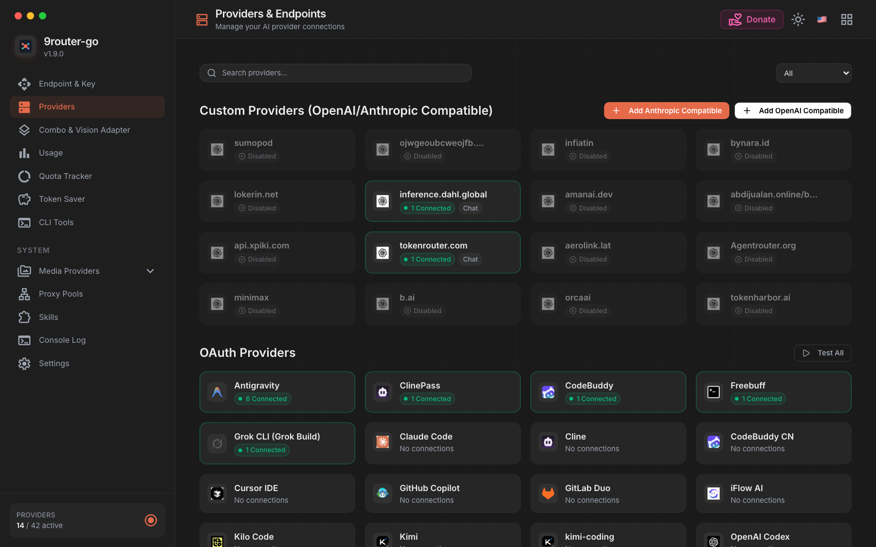 9router-go dashboard โ Providers view